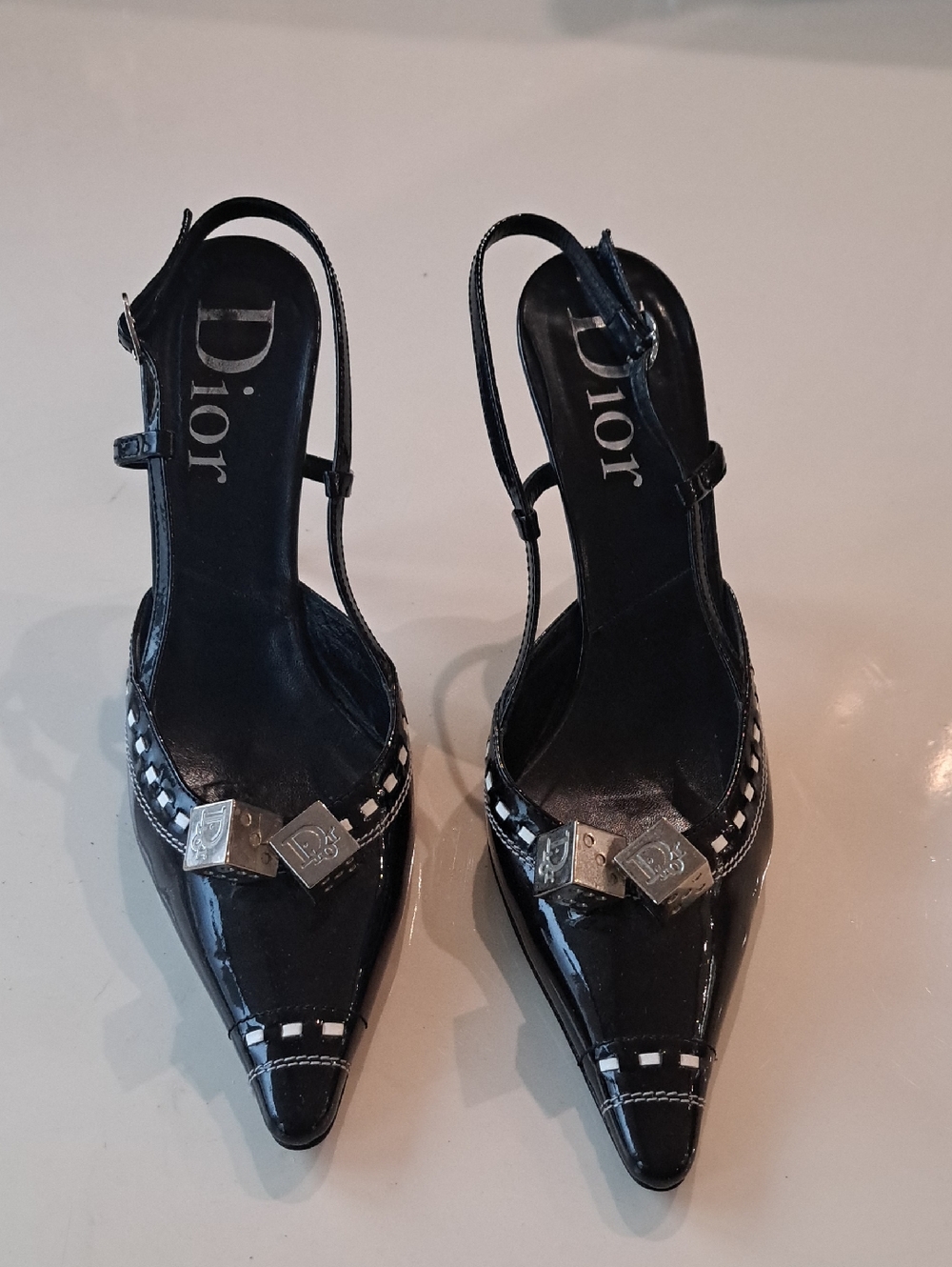 Dior Black Patent Leather Pointed Slingback Heels with Silver Hardware